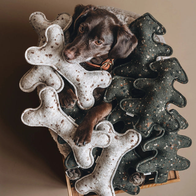 Jouets en forme de sapin avec un chien dessous