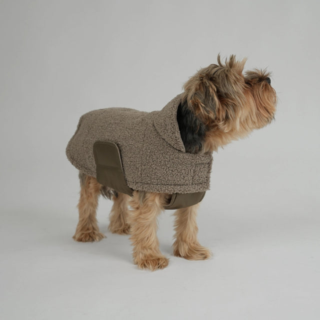 Présentation de la veste en polaire pour chien portée par un Yorkshire qui regarde sur le côté