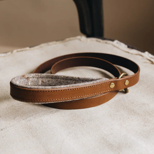 Laisse courte en cuir beige pour chien posée sur une chaise