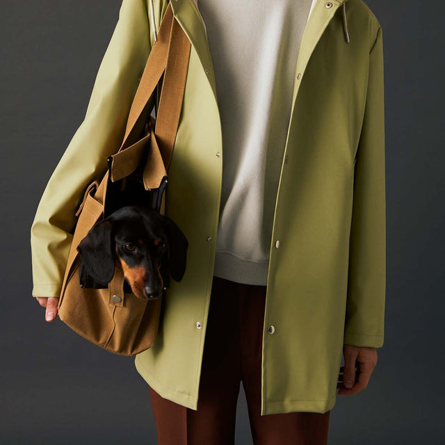 Mise en situation du sac de transport pour chien Moutarde sur un mannequin