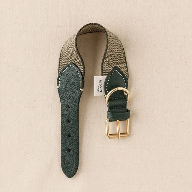 Collier vert en toile avec imprimé pied-de-poule et cuir français sur fond neutre