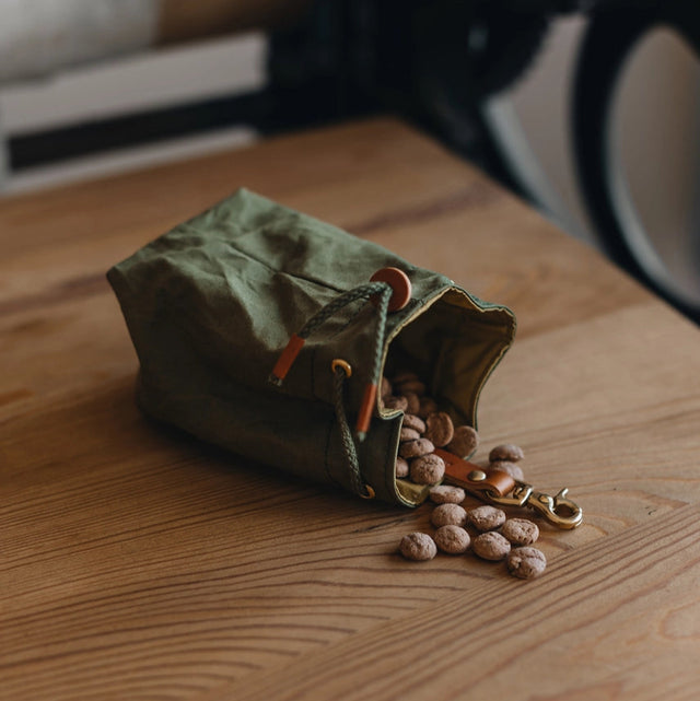 Sac à friandises vert mise en situation sur une table avec des croquettes