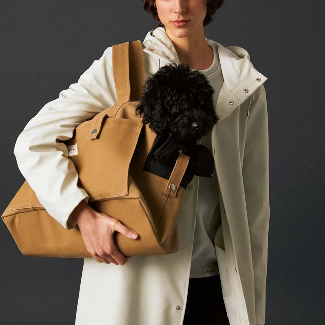 Mannequin et son chien présentant le sac moutarde avec un caniche