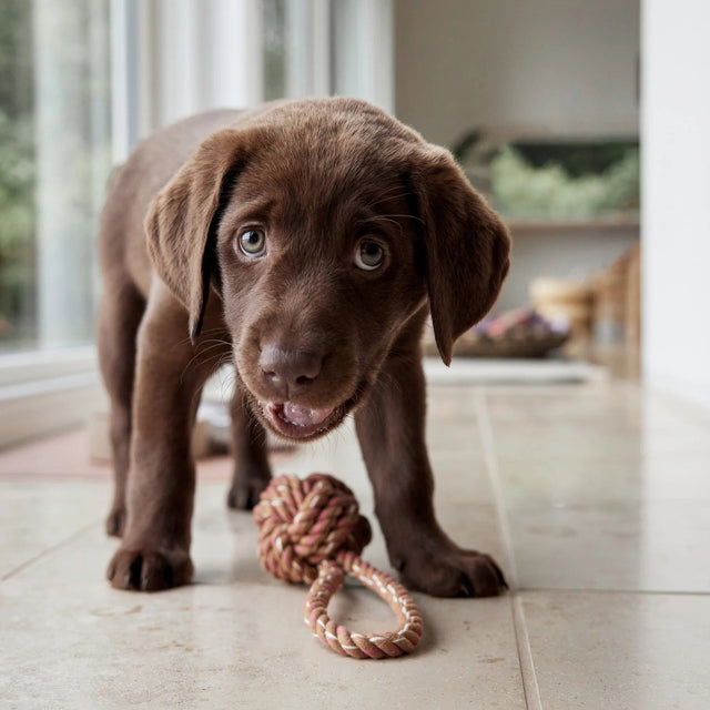 Bébé labrador jouant avec son jouet à corde