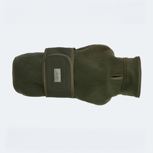 Manteau pour chien en polaire couleur olive sur fond neutre vue de haut